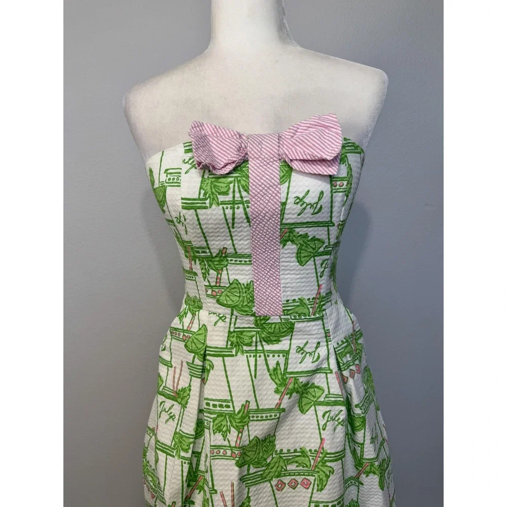 Lilly Pulitzer Dress Women's 4 Mint Julep Derby Strapless Bow Green Pink White - Picture 3 of 16